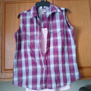 Wrangler Purple and White Plaid Sleeveless Shirt YOUTH SIZE lg.
